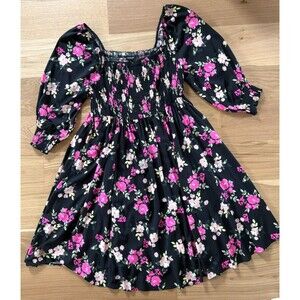 NWT Torrid Black Pink Floral Smock Midi Dress 2 Milkmaid Peasant Puff 3/4 Sleeve